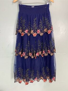 Anthropologie BLNK London Blue Embroidered Floral Tiered Tulle Skirt Small‎ Maxi